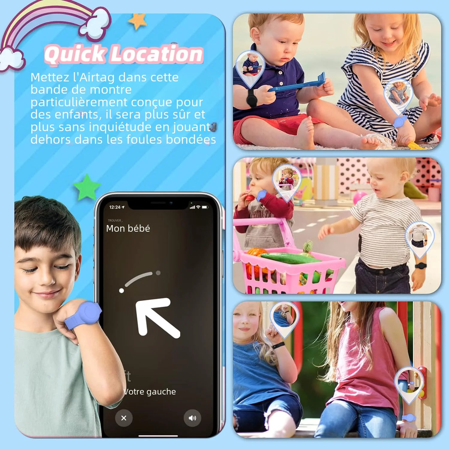 Bracelet AirTag Étanche Enfant Silicone - Tracker GPS Sécurité