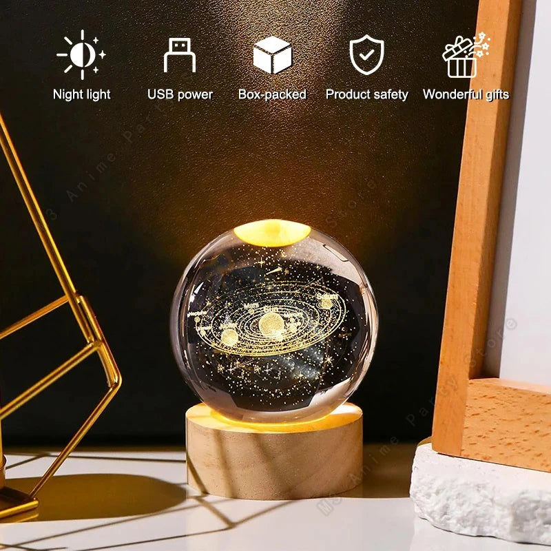 Boule Cristal 3D Lampe LED Galaxie Planètes Lune 5cm - Veilleuse Enfant