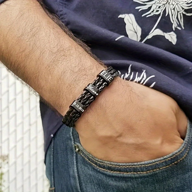 Bracelet Acier Inoxydable Personnalisé 1-5 Prénoms Homme - Gravure Famille Papa Grand-Père Cadeau Fête des Pères