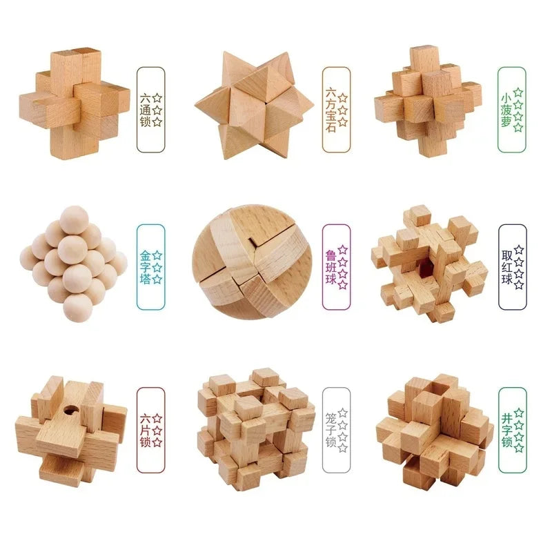 Set de 9 Puzzles Éducatifs en Bois - Casse-Têtes Luban Lock pour Enfants et Étudiants