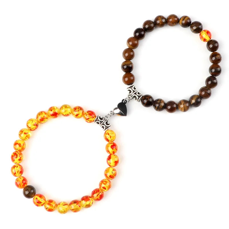 Bracelet Couple Yin Yang Magnétique 2pcs - Pierres Naturelles 8mm Cœur Aimant Bijou Amitié Saint-Valentin
