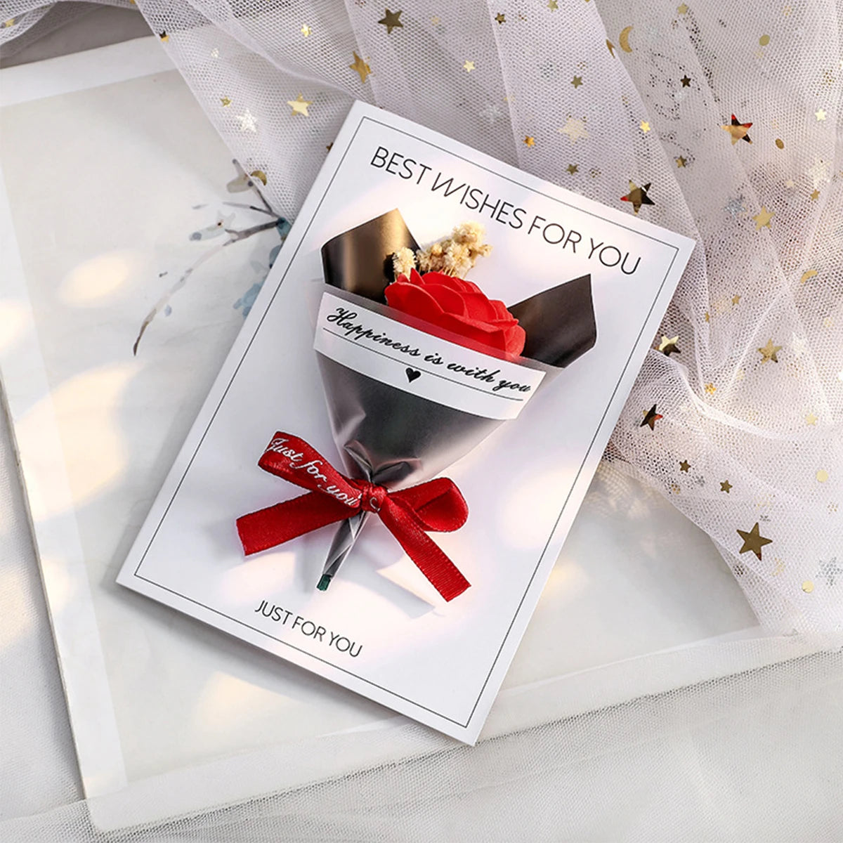 Carte de Vœux Artisanale avec Fleur Éternelle - Saint-Valentin Fête des Mères Anniversaire
