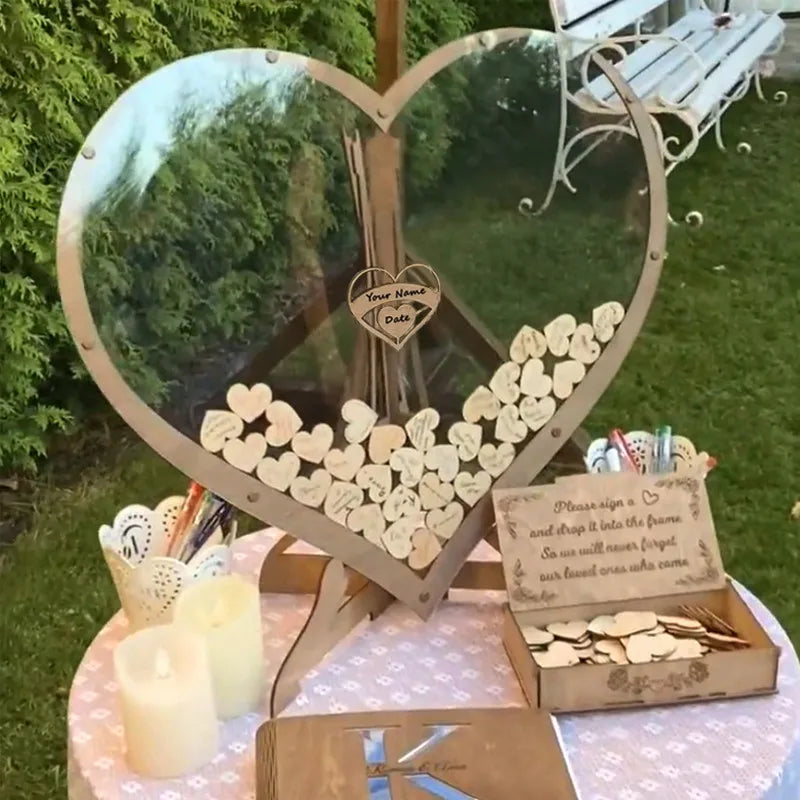 Livre d'Or Mariage Cœur en Bois - Boîte à Souhaits Goutte Déco Table Rustique Personnalisable