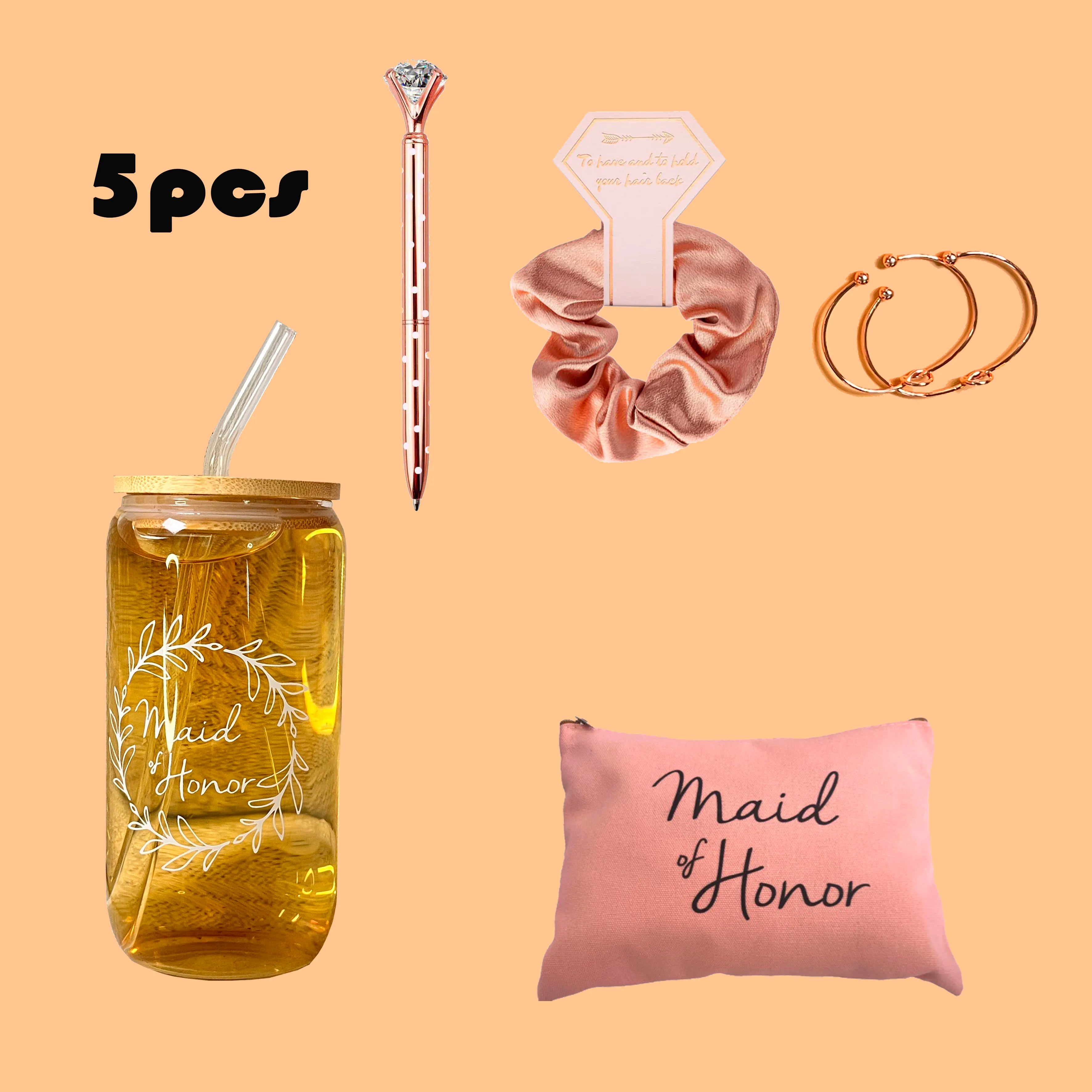Coffret Cadeau Demoiselle d'Honneur 5 Pièces - Verre Trousse Bracelet Chouchou Stylo