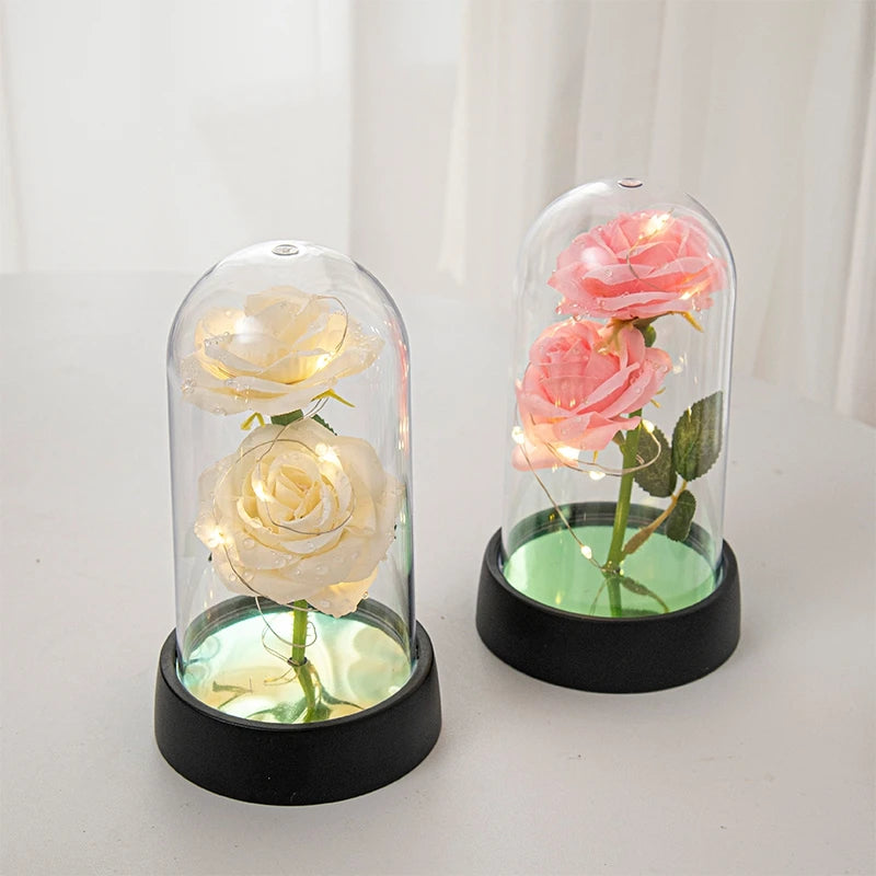 Rose Éternelle sous Cloche LED - Fleur Artificielle Lumineuse - Cadeau Saint-Valentin