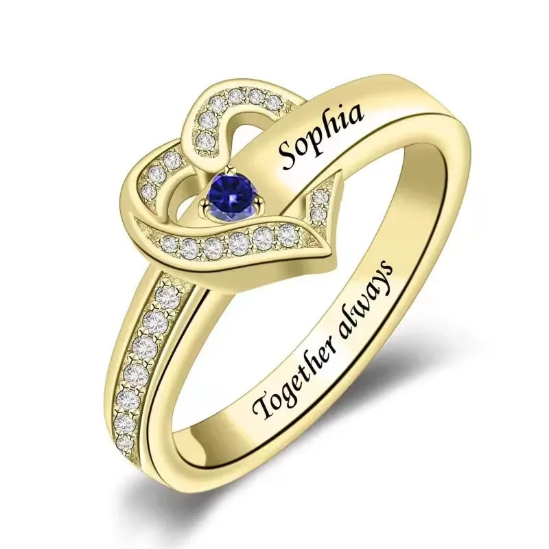 Bague Cœur Personnalisée Pierres de Naissance - Gravure Prénom Zircone Cubique | 1-8 Pierres