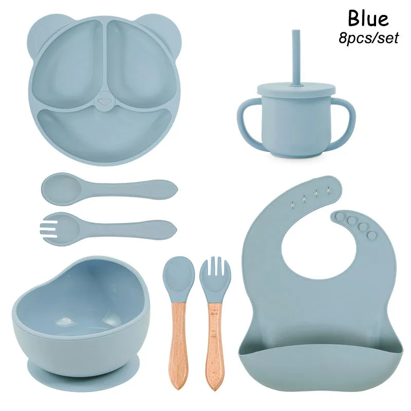 Set Vaisselle Silicone Bébé Personnalisé 8 Pièces - Assiette Bol Tasse Bavoir Prénom