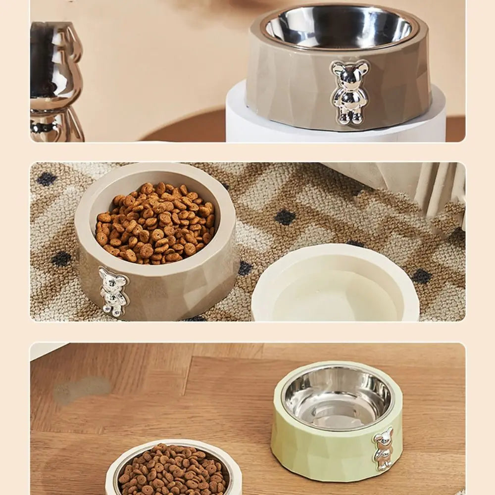 Gamelle Double Inox pour Chien Chat - Design Pierre Naturelle - Amovible et Facile à Nettoyer