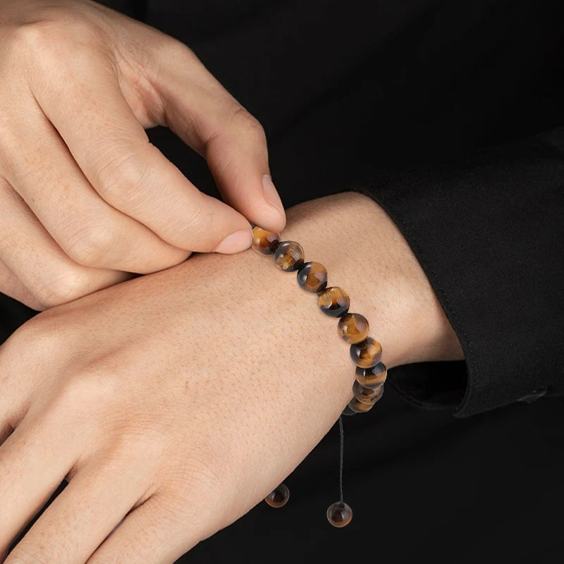 Bracelet Pierre de Lave et Œil de Tigre 8mm - Corde Tressée Ajustable Yoga Guérison Unisexe Bijou Spirituel
