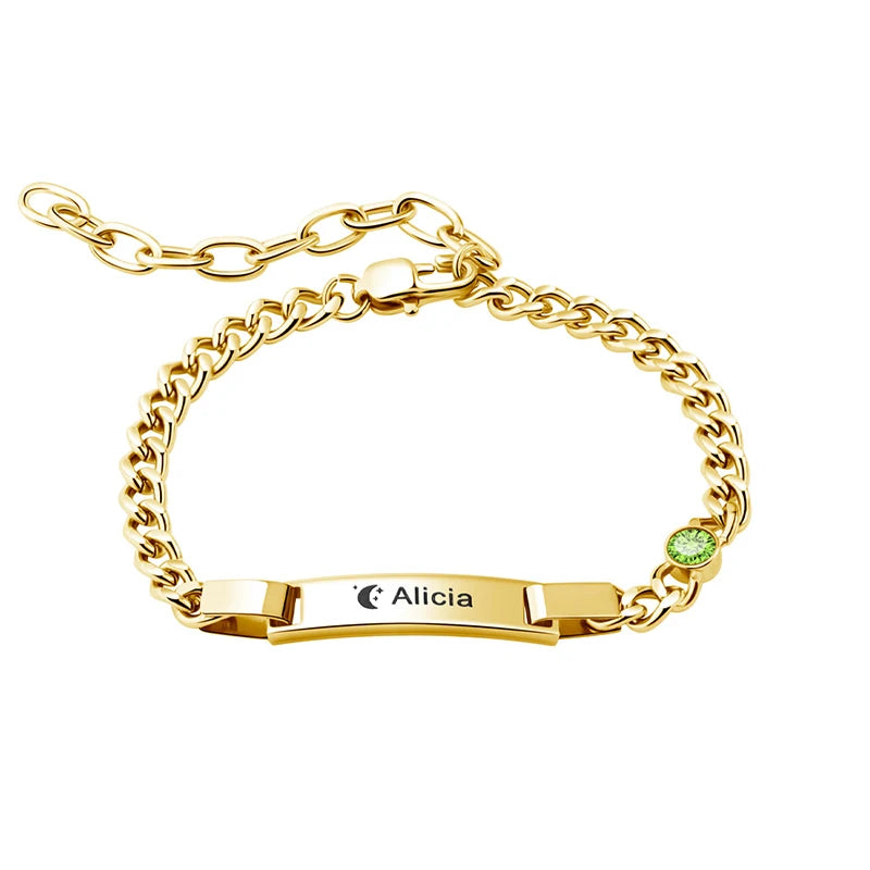 Bracelet Bébé Personnalisé Pierre de Naissance Plaqué Or 18K - Gravure Prénom Cadeau Naissance