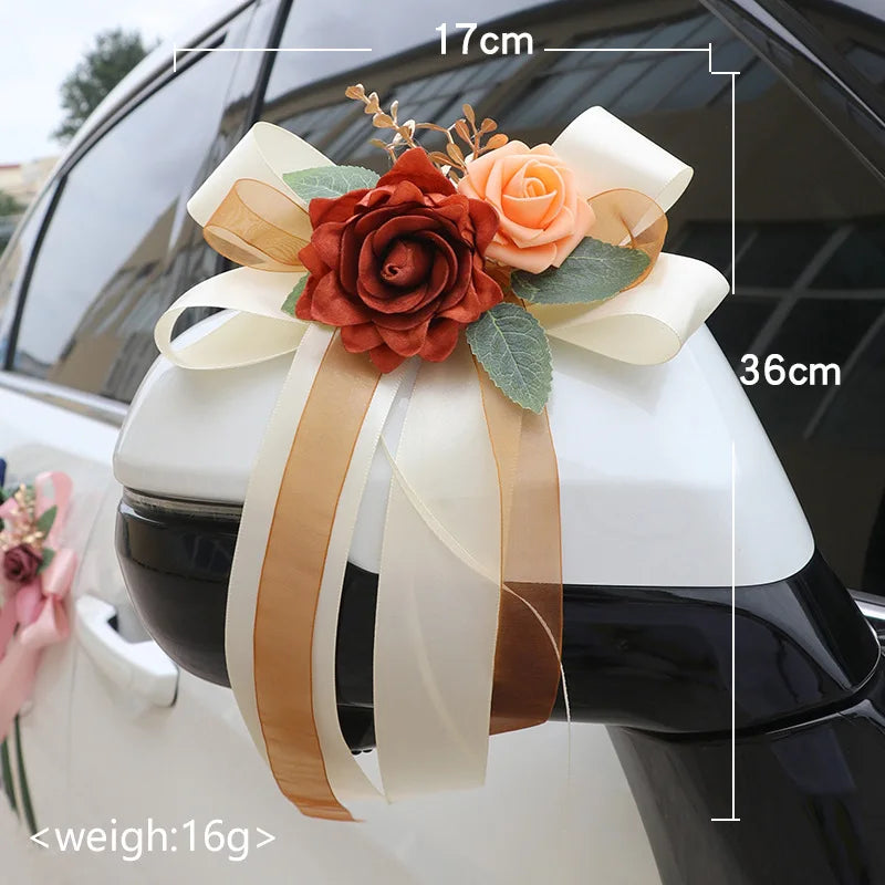 Décorations Florales Voiture Mariage 6 Pièces Poignées Rétroviseurs - Blanc/Rose