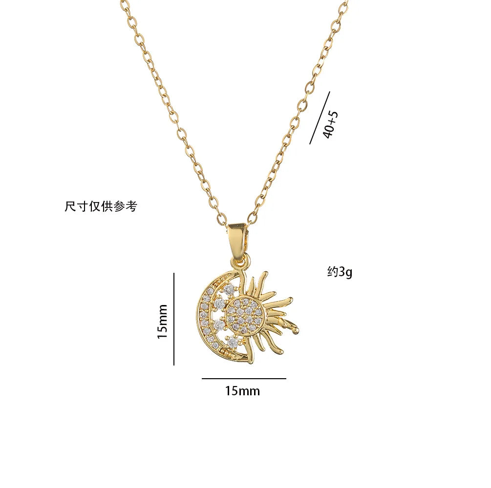 Collier Pendentif Soleil & Lune Acier Inoxydable - Zircone Cubique Luxe Bijou Femme Mariage Saint-Valentin