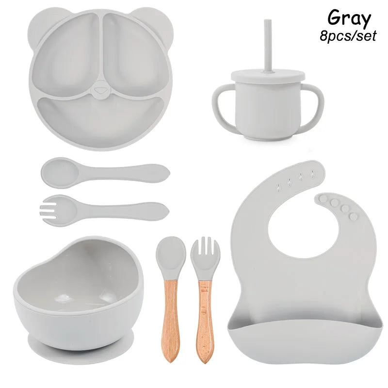 Set Vaisselle Silicone Bébé Personnalisé 8 Pièces - Assiette Bol Tasse Bavoir Prénom