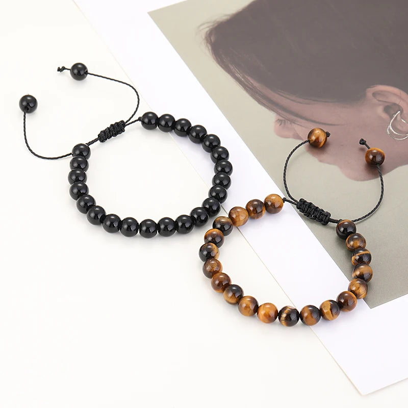 Bracelet Pierre de Lave et Œil de Tigre 8mm - Corde Tressée Ajustable Yoga Guérison Unisexe Bijou Spirituel