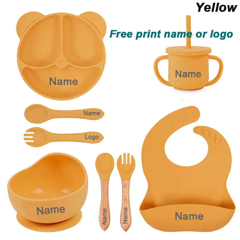 Set Vaisselle Silicone Bébé Personnalisé 8 Pièces - Assiette Bol Tasse Bavoir Prénom