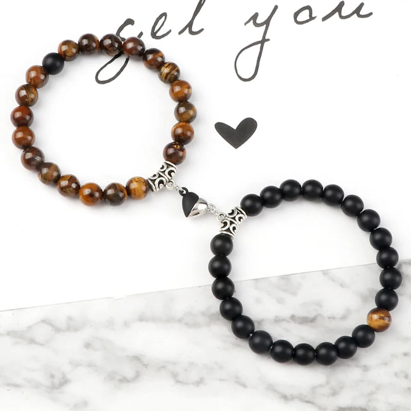 Bracelet Couple Yin Yang Magnétique 2pcs - Pierres Naturelles 8mm Cœur Aimant Bijou Amitié Saint-Valentin