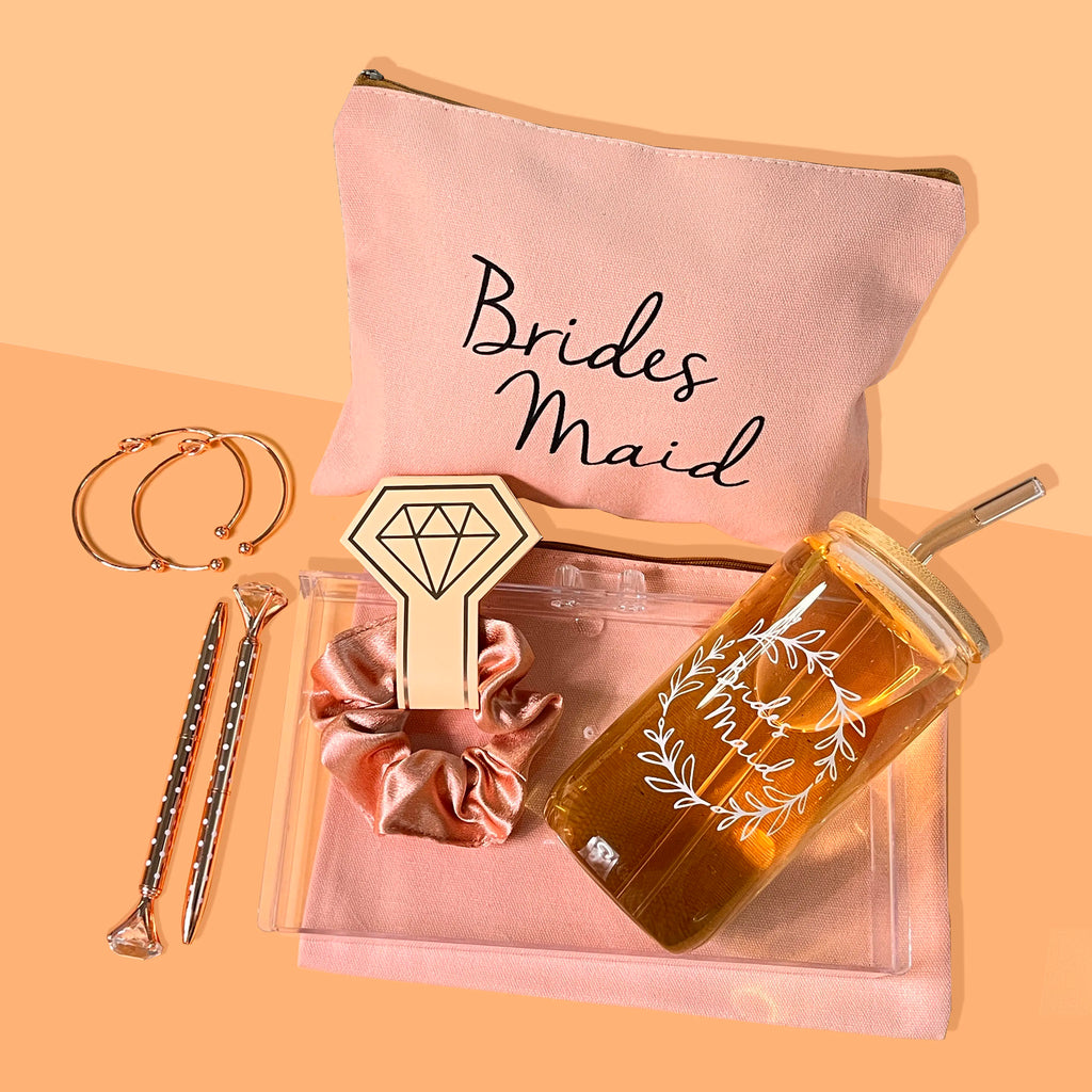 Coffret Cadeau Demoiselle d'Honneur 5 Pièces - Verre Trousse Bracelet Chouchou Stylo