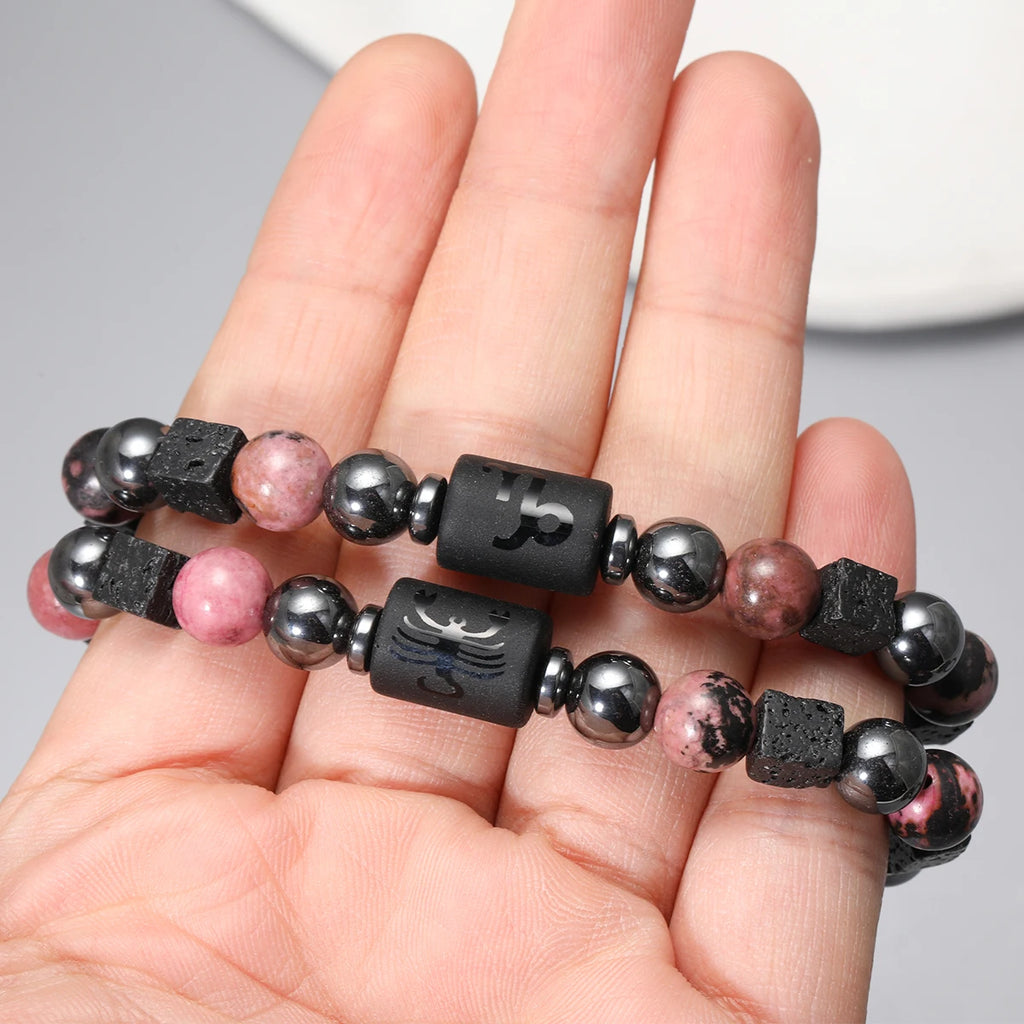 Bracelet Signe Astrologique Pierres Naturelles - 12 Signes Zodiaque Verseau Cancer Vierge Poissons Bijou Unisexe