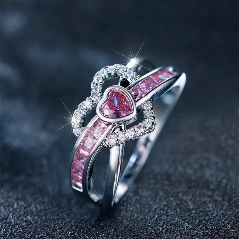 Bague Cœur Zircon Rose - Alliance Romantique Argentée