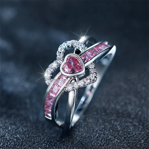 Bague Cœur Zircon Rose - Alliance Romantique Argentée