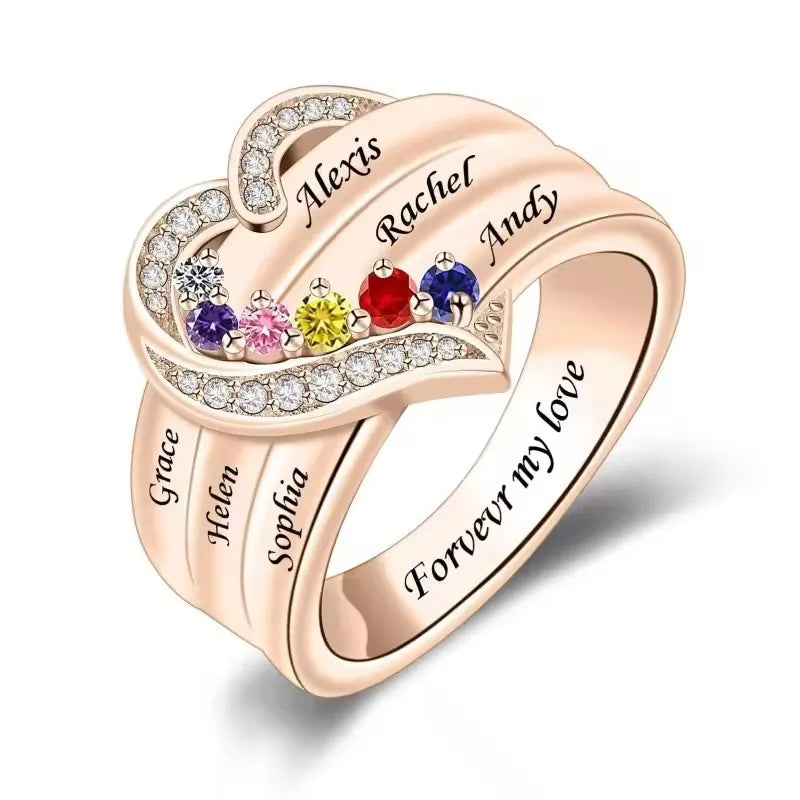 Bague Cœur Personnalisée Pierres de Naissance - Gravure Prénom Zircone Cubique | 1-8 Pierres