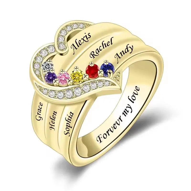 Bague Cœur Personnalisée Pierres de Naissance - Gravure Prénom Zircone Cubique | 1-8 Pierres