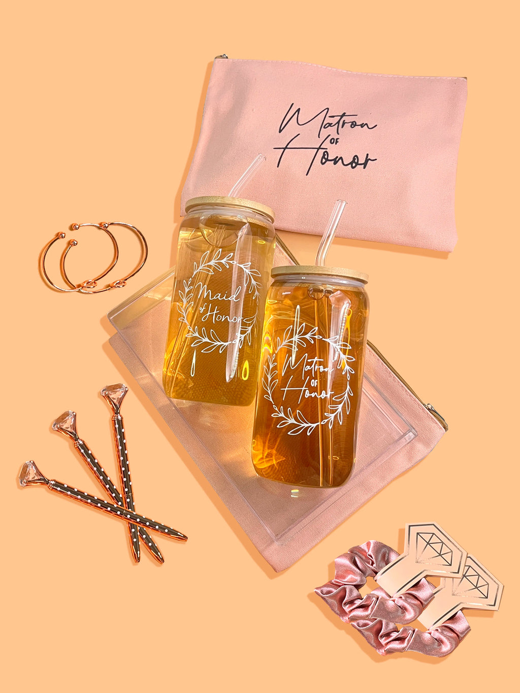 Coffret Cadeau Demoiselle d'Honneur 5 Pièces - Verre Trousse Bracelet Chouchou Stylo