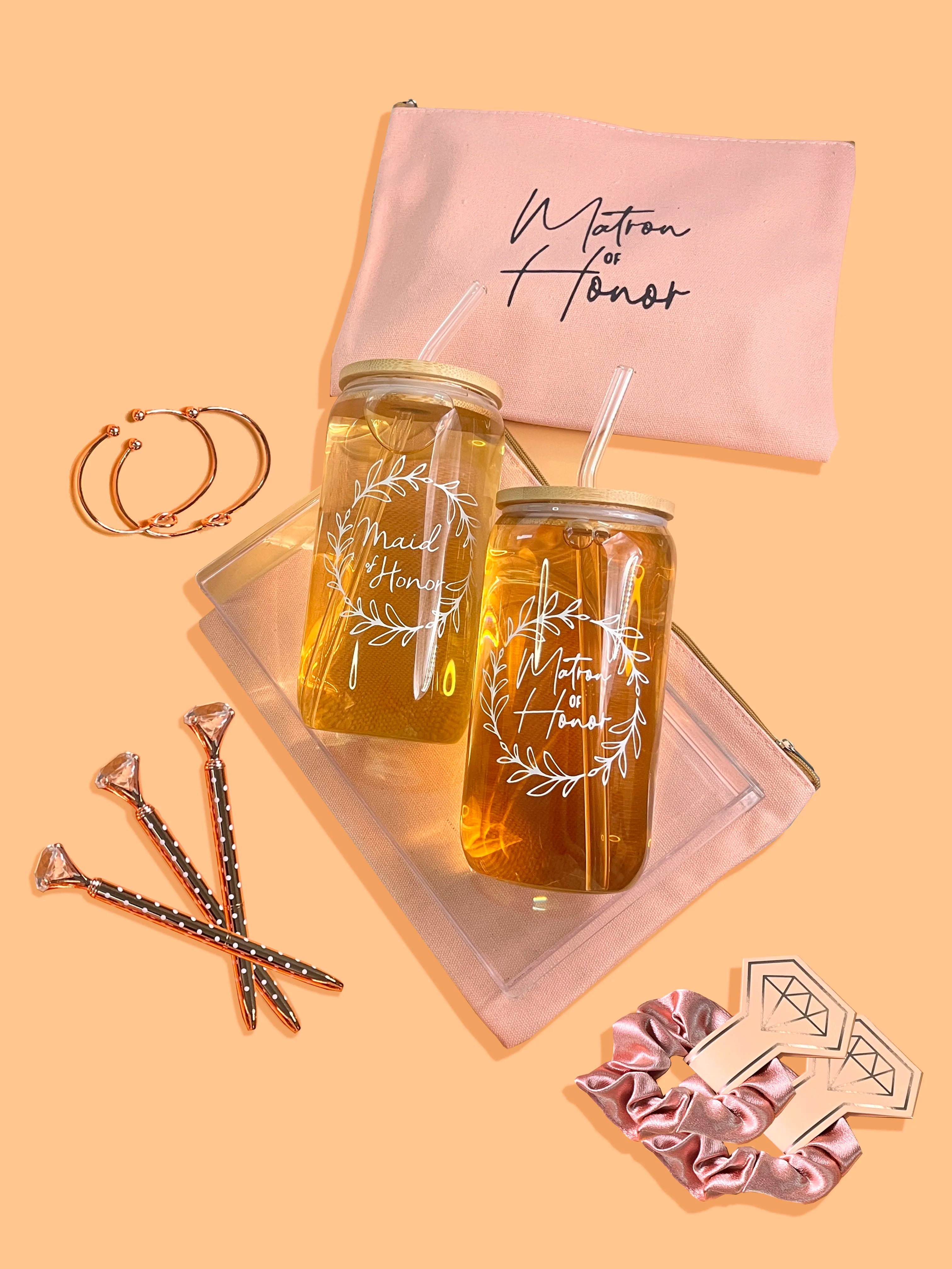 Coffret Cadeau Demoiselle d'Honneur 5 Pièces - Verre Trousse Bracelet Chouchou Stylo