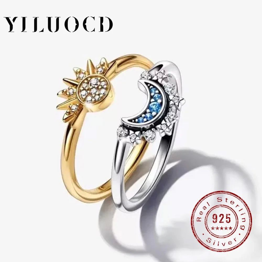 Set Bagues Couple Soleil & Lune Argent 925 - Zircone Cubique Bleu Ciel Bijou Promesse Saint-Valentin