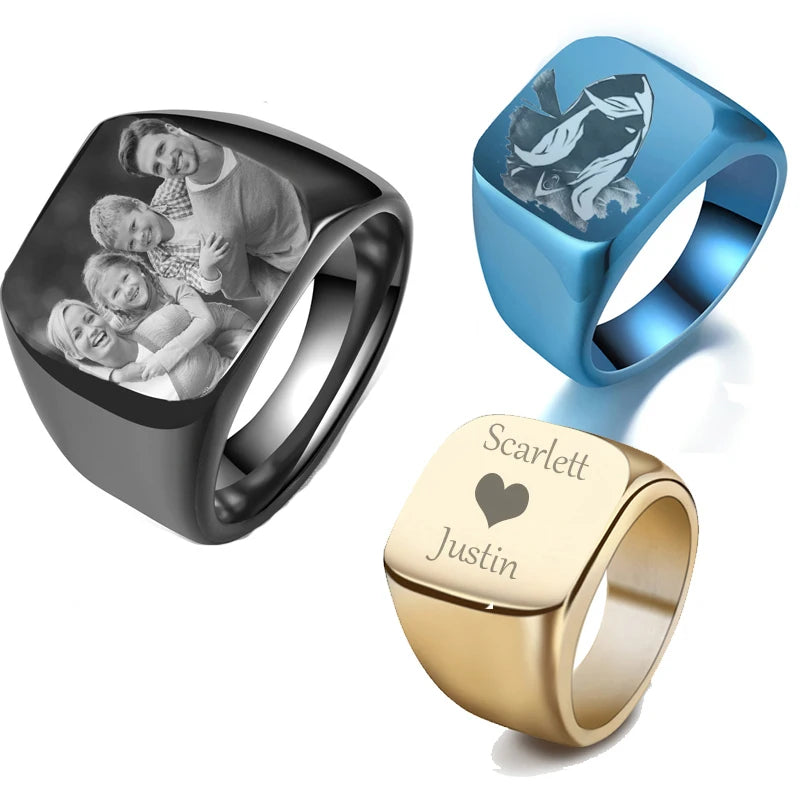 Bague Personnalisée Gravure Laser Prénom Photo Logo - Acier Inoxydable Homme Femme Couple Famille