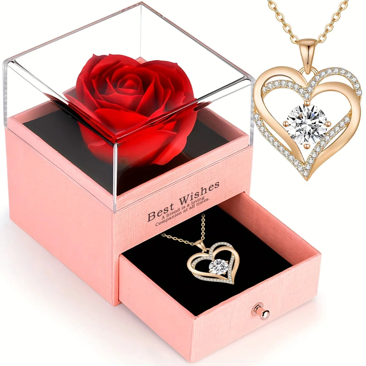 Collier Pendentif Cœur Rouge avec Rose en Coffret Cadeau - Bijou Romantique Saint-Valentin