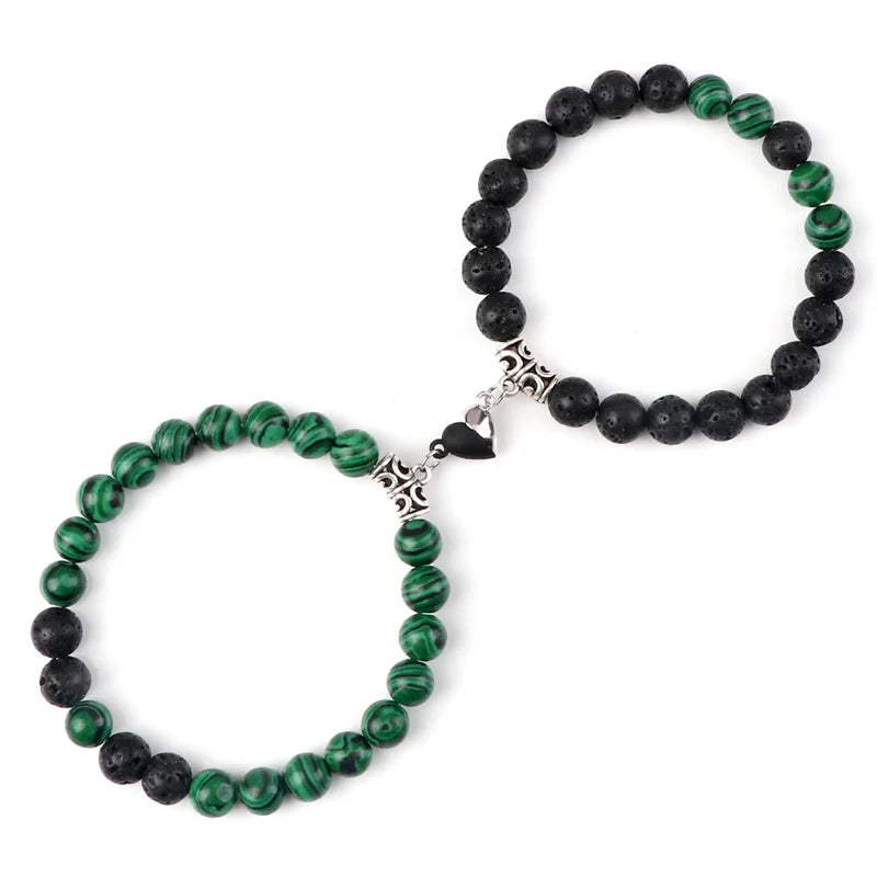 Bracelet Couple Yin Yang Magnétique 2pcs - Pierres Naturelles 8mm Cœur Aimant Bijou Amitié Saint-Valentin