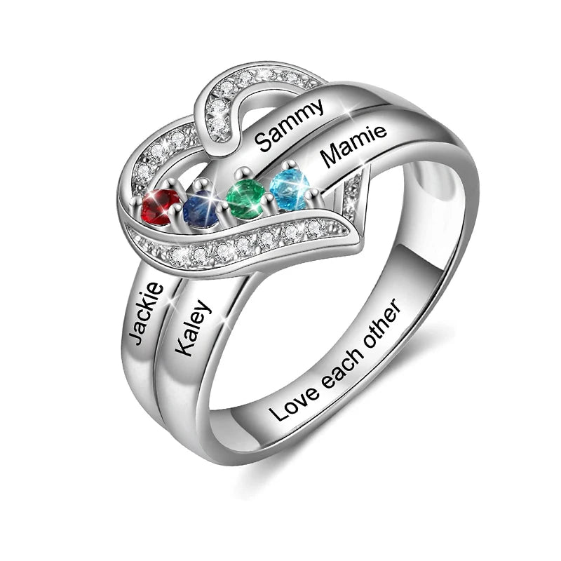 Bague Cœur Personnalisée Pierres de Naissance - Gravure Prénom Zircone Cubique | 1-8 Pierres