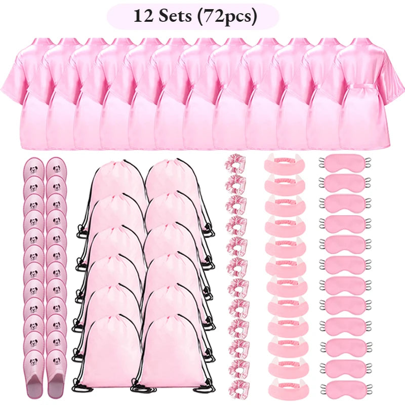 Set Spa Party Filles 6 Pièces - Peignoirs Satin Chaussons Sac Cadeau