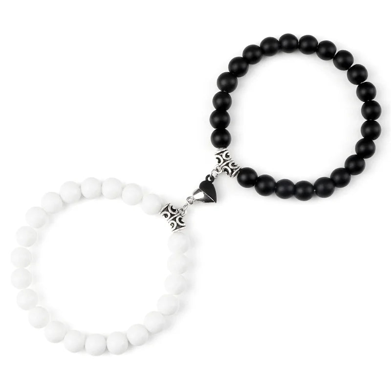 Bracelet Couple Yin Yang Magnétique 2pcs - Pierres Naturelles 8mm Cœur Aimant Bijou Amitié Saint-Valentin