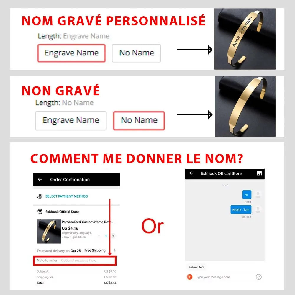 Bracelet Couple Acier Inoxydable Gravé Prénom - Jonc Personnalisé Or