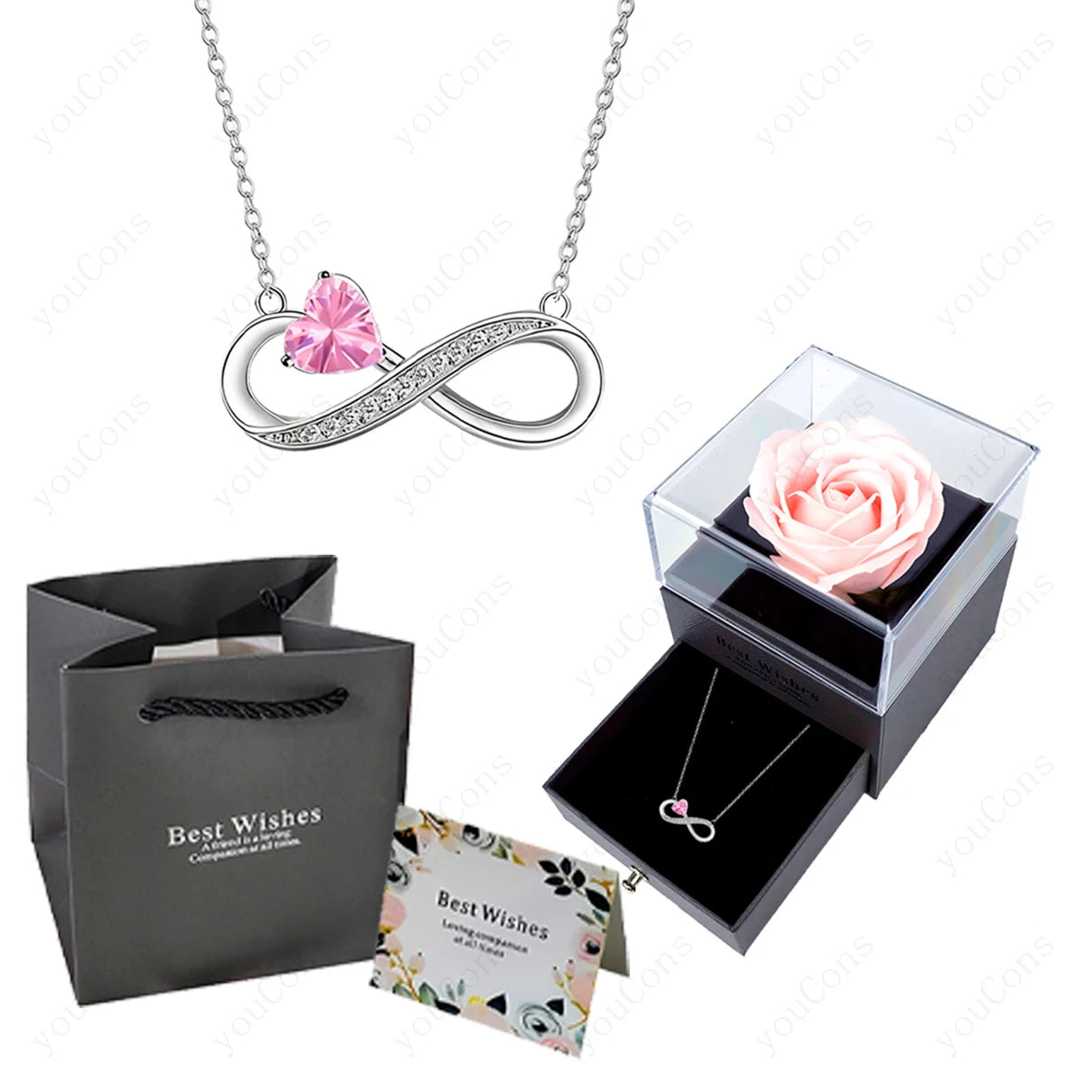Collier Cœur Rose Luxe avec Boîte de Roses - Pendentif Zircon Saint-Valentin Mariage Cadeau Femme