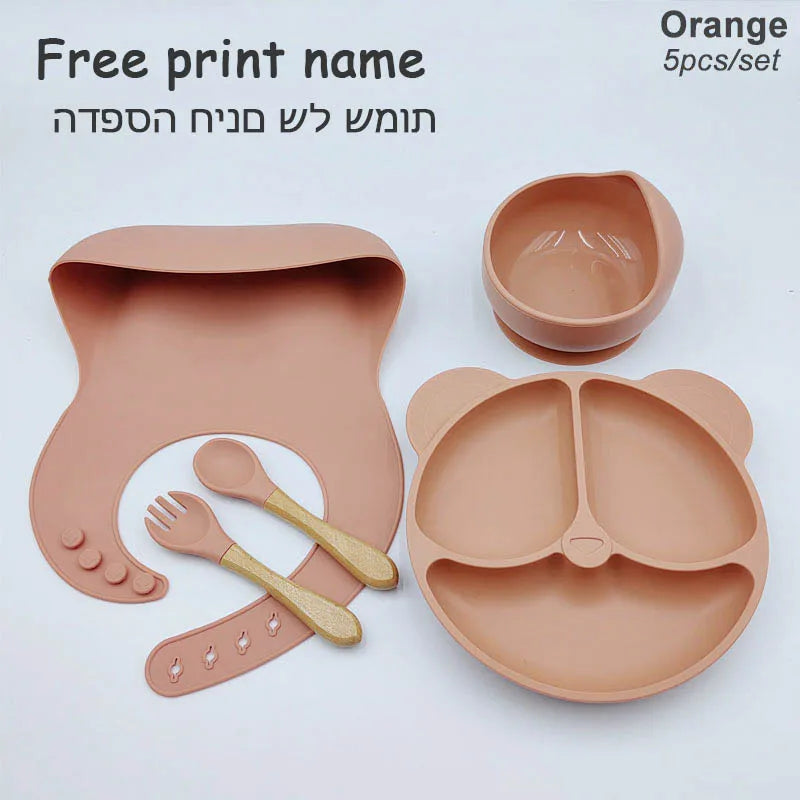Set Vaisselle Silicone Bébé Personnalisé 8 Pièces - Assiette Bol Tasse Bavoir Prénom