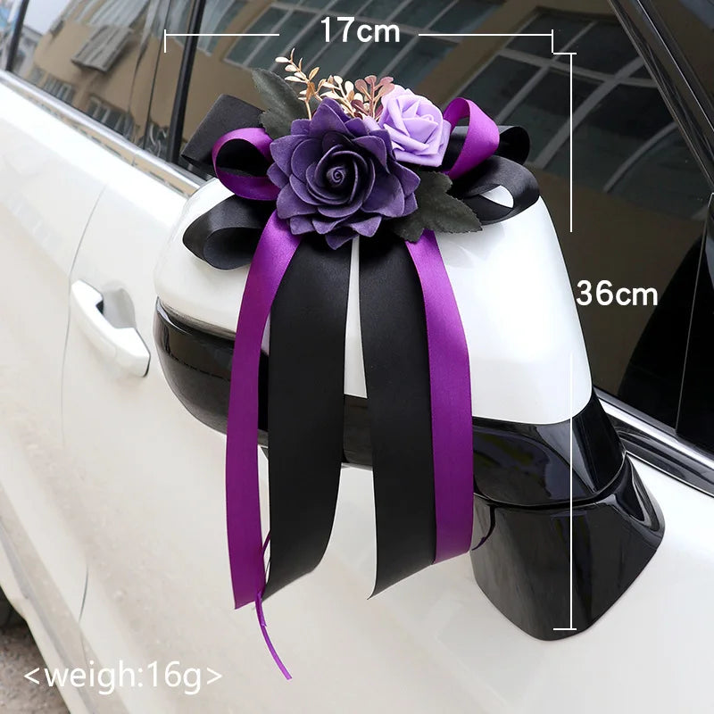 Décorations Florales Voiture Mariage 6 Pièces Poignées Rétroviseurs - Blanc/Rose