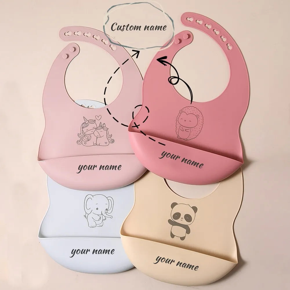 Bavoir Silicone Bébé Personnalisé Prénom - Alimentaire Motif Cartoon | Panda Bleu