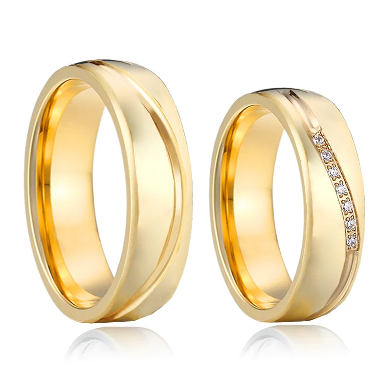 Alliances Mariage Couple Cœur Or 18K Plaqué CZ - Bagues Assorties Homme Femme Fiançailles