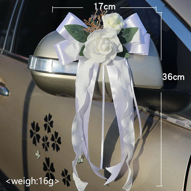 Décorations Florales Voiture Mariage 6 Pièces Poignées Rétroviseurs - Blanc/Rose