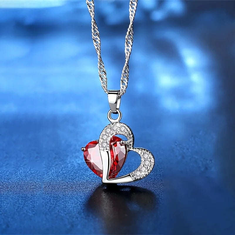 Collier Cœur Zircon Rouge avec Boîte de Roses - Cadeau Saint Valentin - Fête des Mères Mariage Luxe Romantique