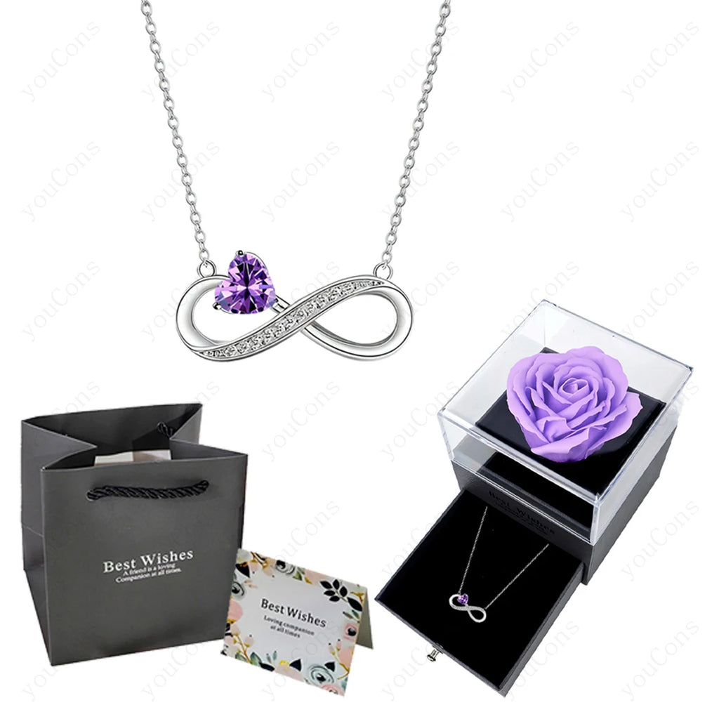 Collier Cœur Rose Luxe avec Boîte de Roses - Pendentif Zircon Saint-Valentin Mariage Cadeau Femme