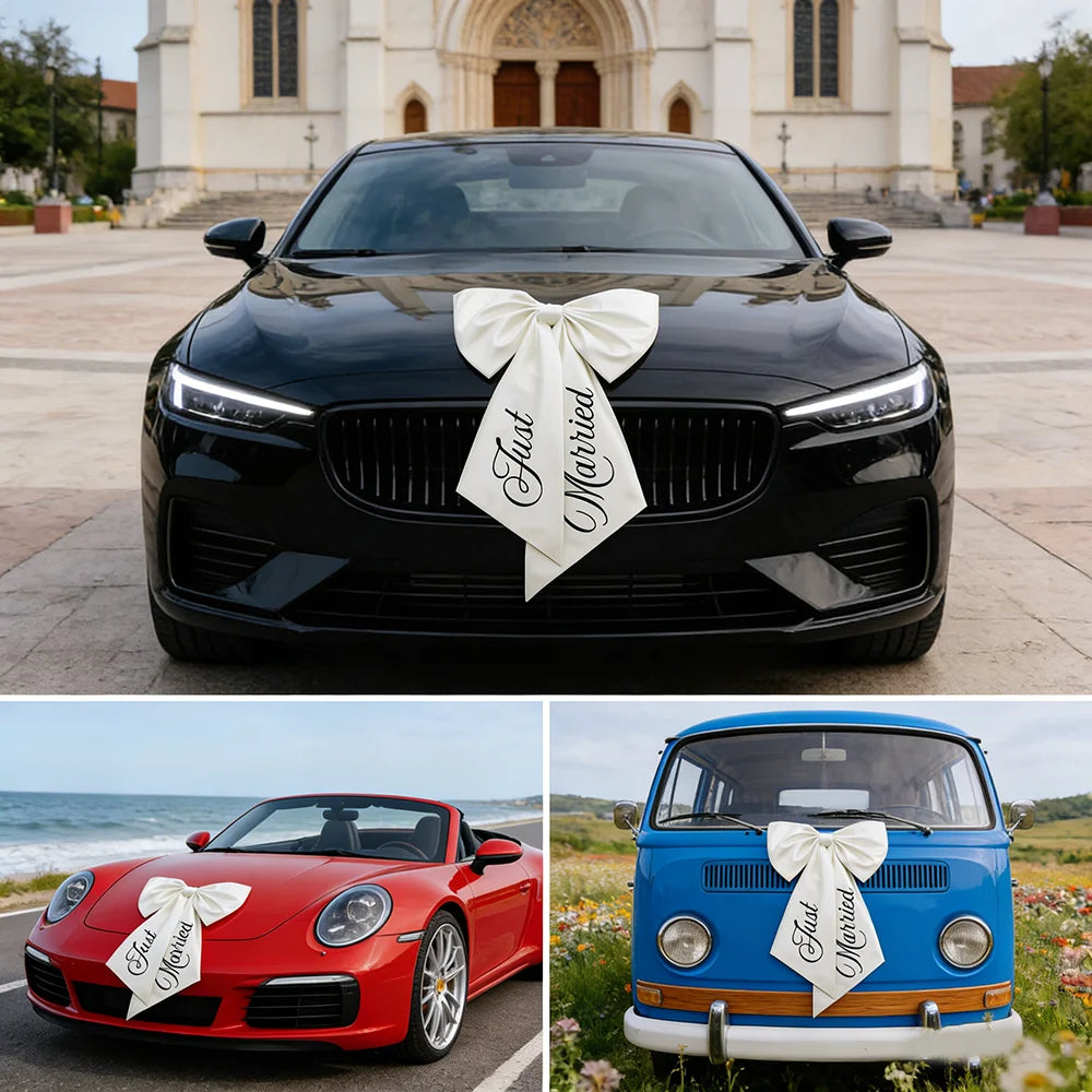 Nœud Voiture Just Married Mariage 60x100cm - Décoration Auto Fiançailles