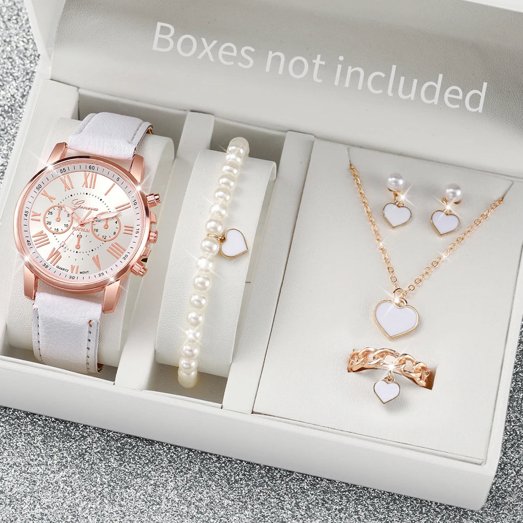 Coffret Montre Femme Quartz & Bijoux Cœur - Set 5/6 Pièces
