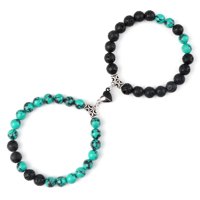 Bracelet Couple Yin Yang Magnétique 2pcs - Pierres Naturelles 8mm Cœur Aimant Bijou Amitié Saint-Valentin