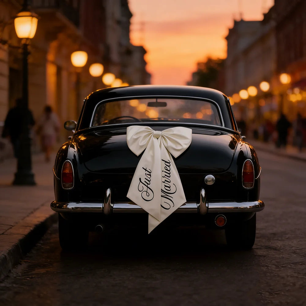 Nœud Voiture Just Married Mariage 60x100cm - Décoration Auto Fiançailles