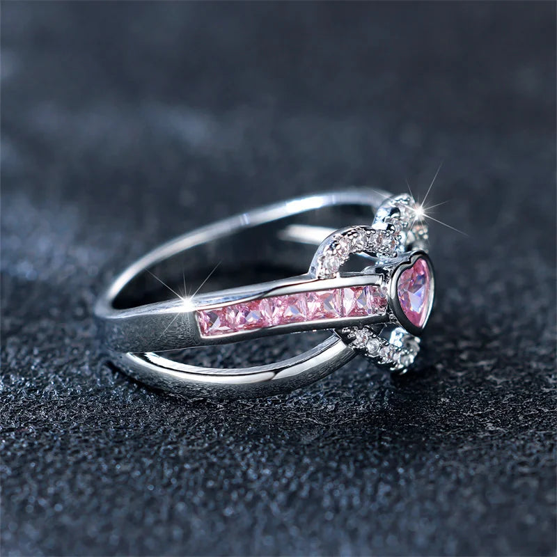 Bague Cœur Zircon Rose - Alliance Romantique Argentée