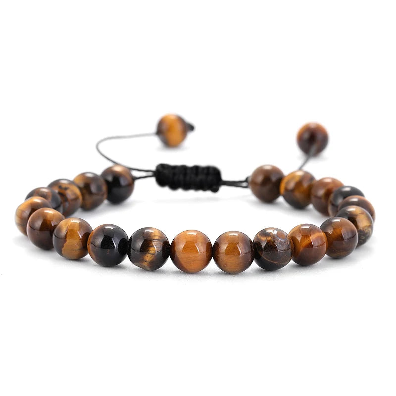 Bracelet Pierre de Lave et Œil de Tigre 8mm - Corde Tressée Ajustable Yoga Guérison Unisexe Bijou Spirituel
